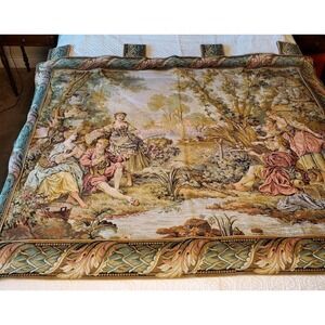 vtg French tapestry Large Lined wall hanging EUC Garden Scene 46.5"x59"